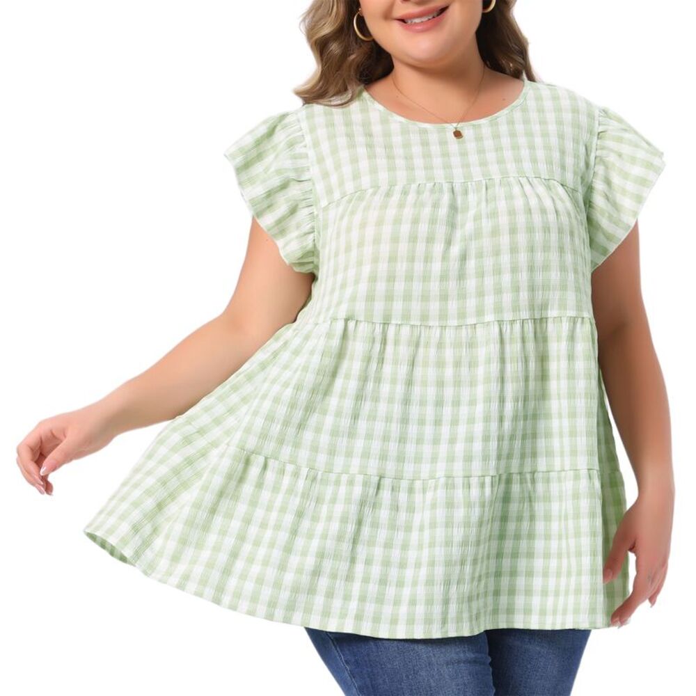 Women Plus Size Gingham Babydoll Blouse Summer Tops Green